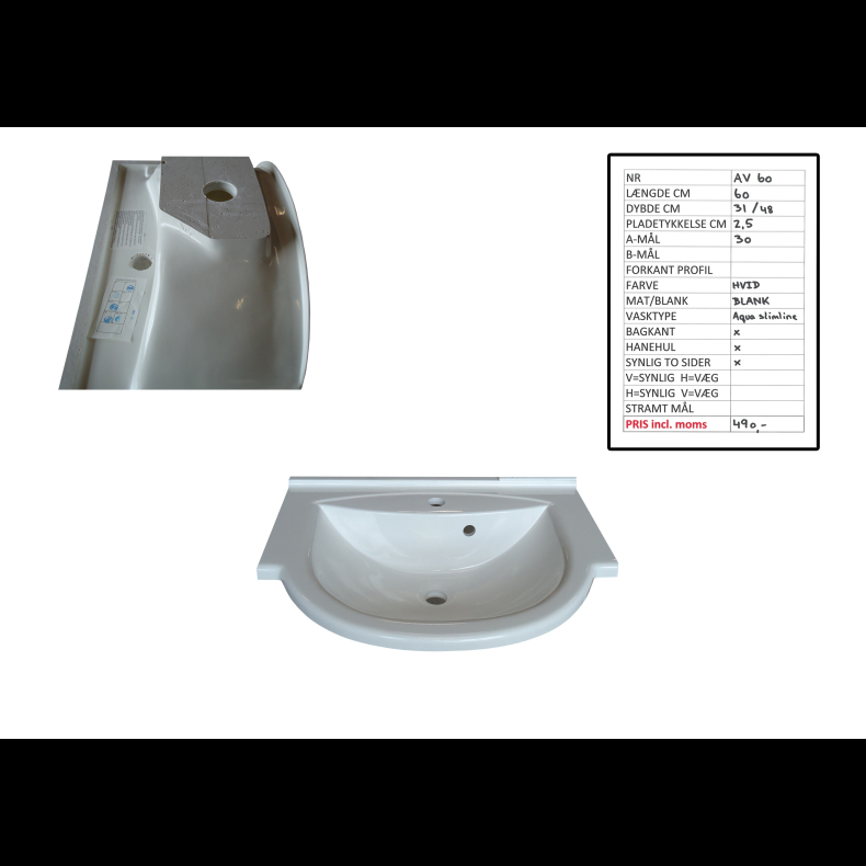 Håndvask Aqua slimline vask 60 cm hvid AV60 
