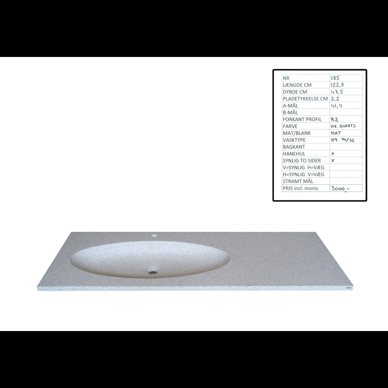 Hndvask B: 122,8 cm x D: 47,5 cm  Graphalit Quartz White Mat