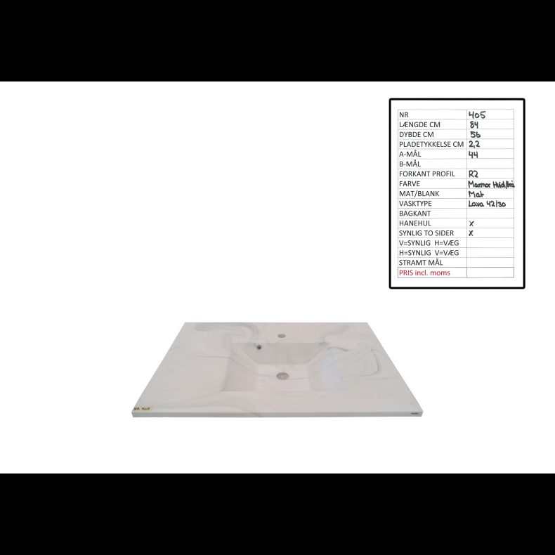 Hndvask Marmor Hvid/ Gr Mat B: 84 cm x D: 56 cm
