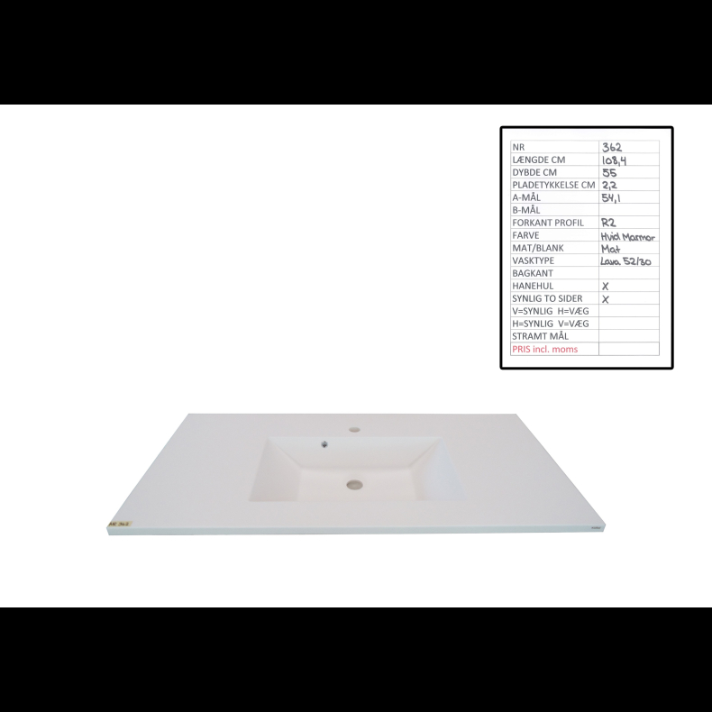 Hndvask Marmor Hvid Mat B: 108,4 cm x D: 55 cm